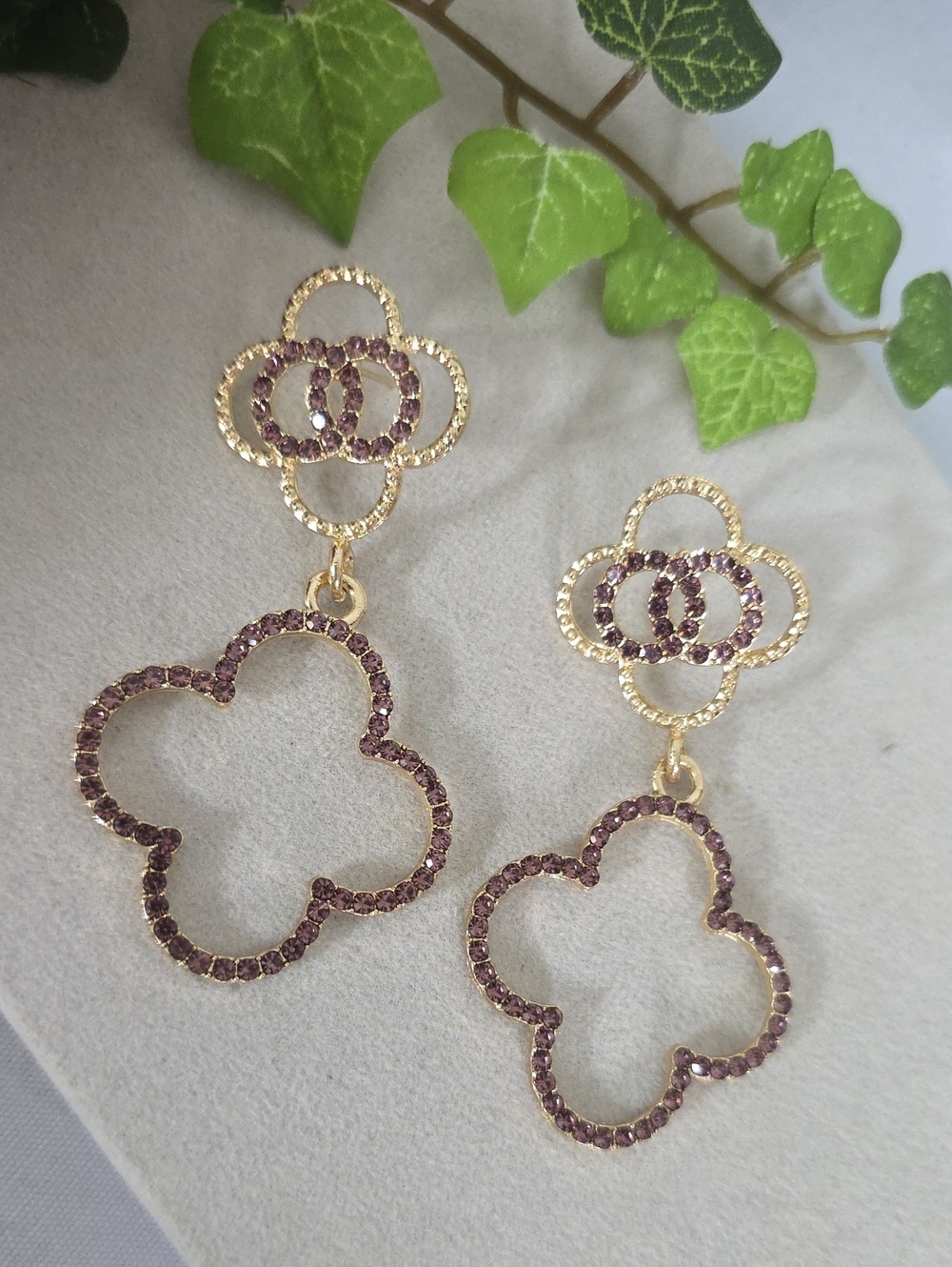 Gold and Champagne Taupe Crystal Clover Flower Drop Earrings